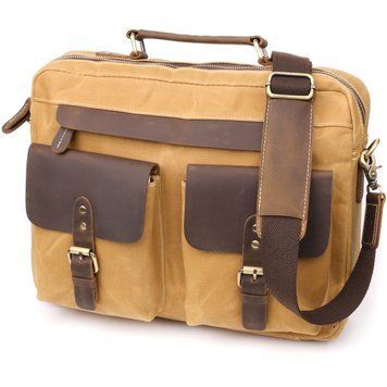 Стильный портфель из качественного текстиля из кожаными вставками Vintage 20874_1 Светло-коричневый 20874_1 фото