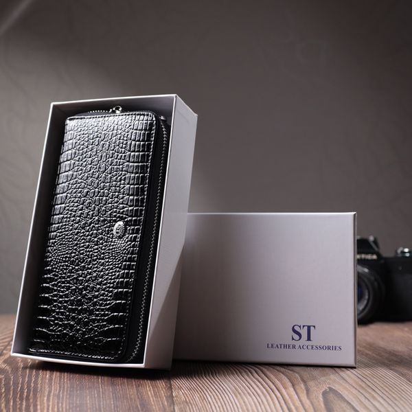 Стильный фактурный клатч на два отделения из лакированной натуральной кожи ST Leather 22693 Черный 22693 фото