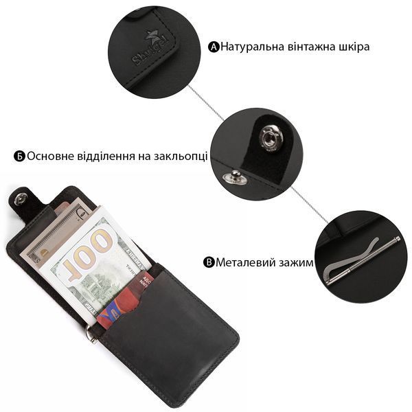 Затискач для купюр SHVIGEL 13787 з вінтажній шкіри Чорний 13787 фото
