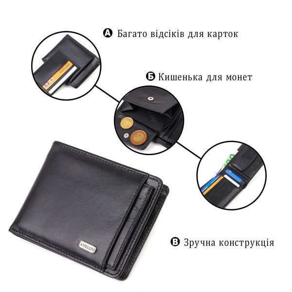 Практичный компактный кошелек с вкладышем для удостоверения для мужчин из натуральной гладкой кожи CANPELLINI 21876 Черный 21876 фото