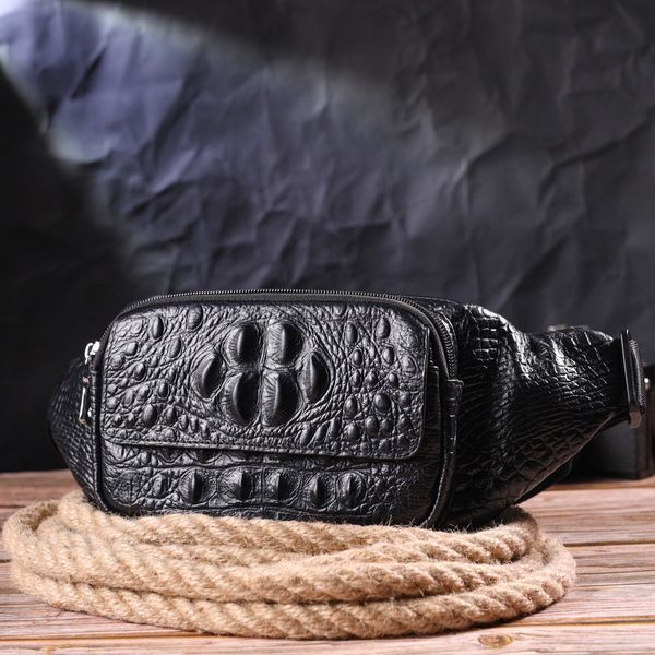 Стильна поясна сумка з натуральної шкіри з фактурою під крокодила 21297 Vintage Чорна 21297 фото