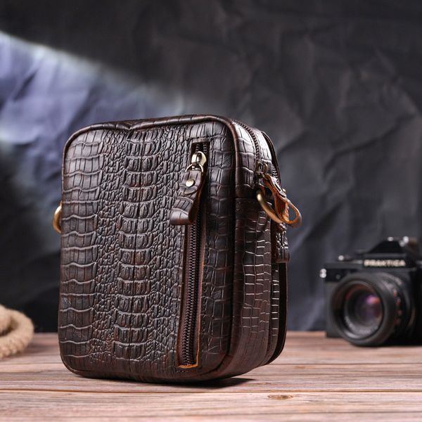 Фактурная мужская сумка из натуральной кожи с тиснением под крокодила 21300 Vintage Коричневая 21300 фото