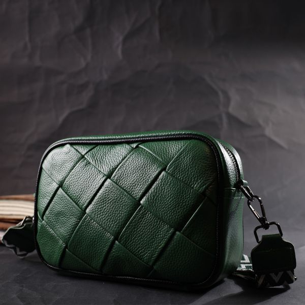 Цікава шкіряна сумка з плетіннями для стильних жінок Vintage 22410 Зелена 22410 фото