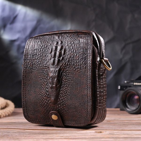 Фактурная мужская сумка из натуральной кожи с тиснением под крокодила 21300 Vintage Коричневая 21300 фото