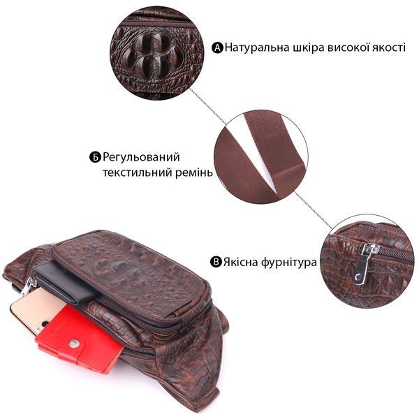 Модна поясна сумка з натуральної шкіри з фактурою під крокодила 21298 Vintage Коричнева 21298 фото