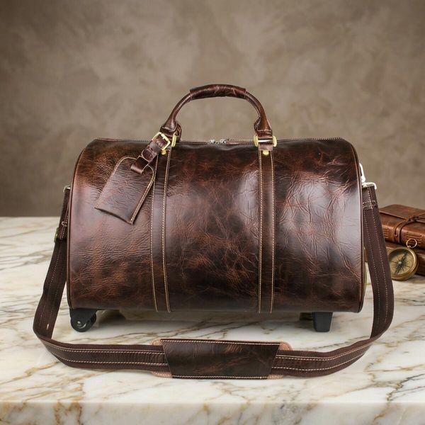 Кожаная дорожная сумка на колесах для путешествий и командировок Vintage 14254 Коричневая 14254 фото