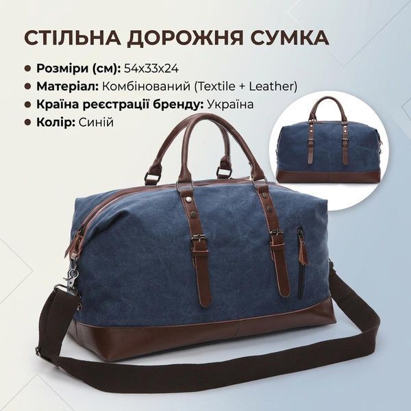 Текстильна дорожня сумка для поїздок спорту та подорожей Vintage 20083 Синя 20083 фото
