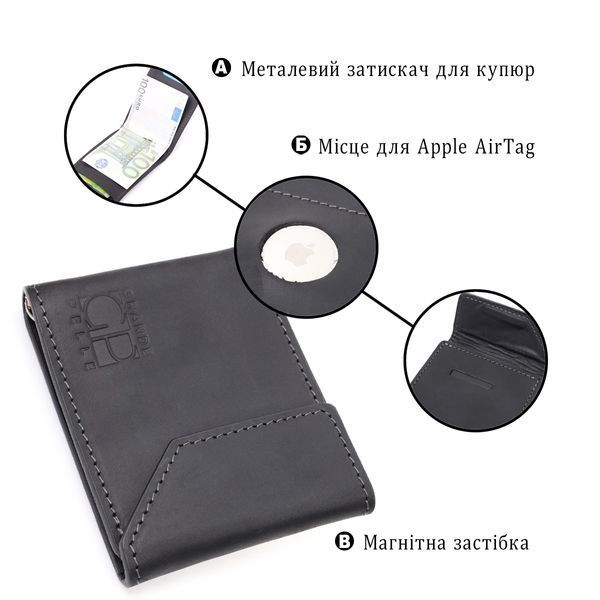 Компактний шкіряний затискач для грошей з утримувачем для Apple AirTag GRANDE PELLE 11617 Чорний 11617 фото