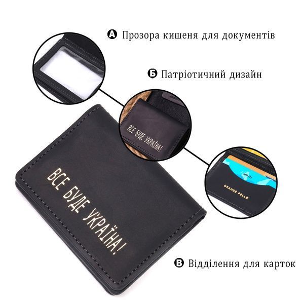 Містка обкладинка на автодокументи у вінтажній шкірі Україна GRANDE PELLE 16709 Чорна 16709 фото