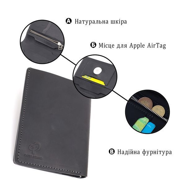 Добротное кожаное портмоне с держателем для Apple AirTag GRANDE PELLE 11623 Черный 11623 фото