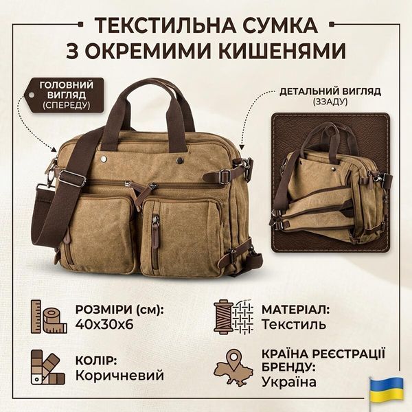 Текстильная сумка трансформер для ноутбука работы поездок и города Vintage 20146 Песочная 20146 фото